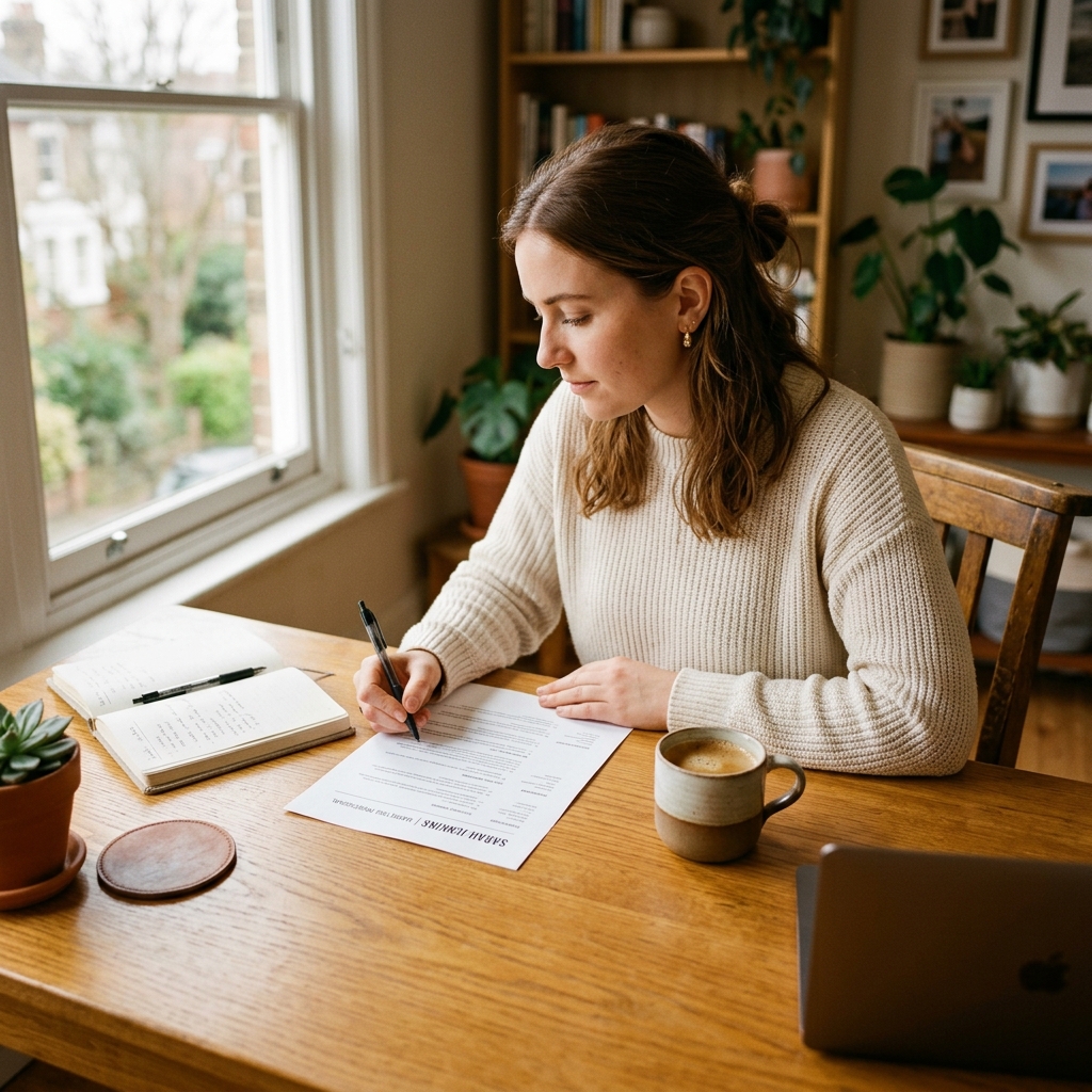 A professional reviewing their resume at a warm wooden desk